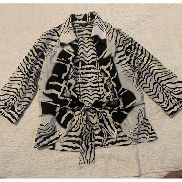 Mischa Tops - Mishca Women's Blouse Medium Black White Zebra Print Tie Front